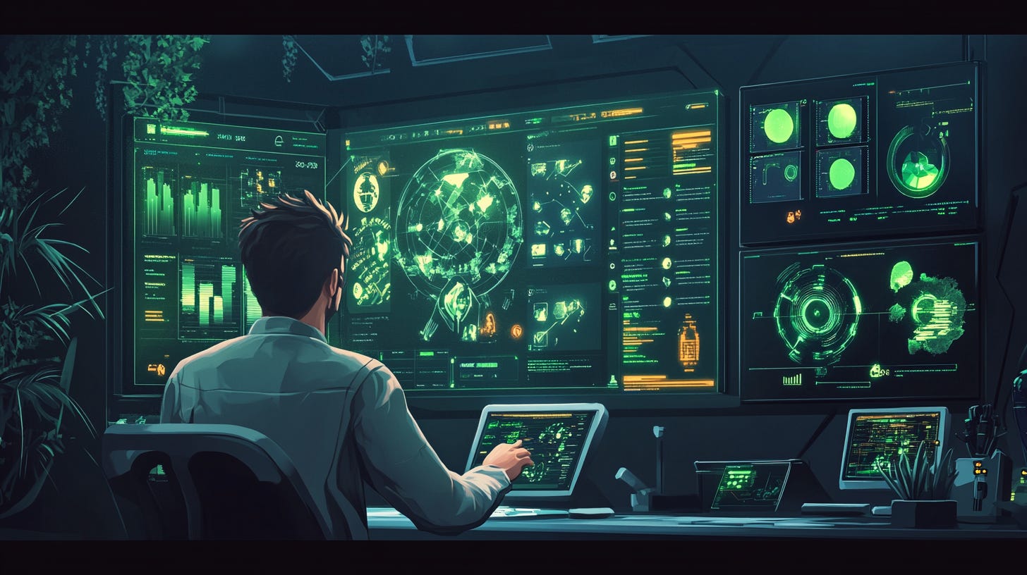 Interface de progressão de personagem estilo jogo mostrando um avatar de desenvolvedor com árvores de habilidades, barras de experiência e conquistas desbloqueadas relacionadas à programação