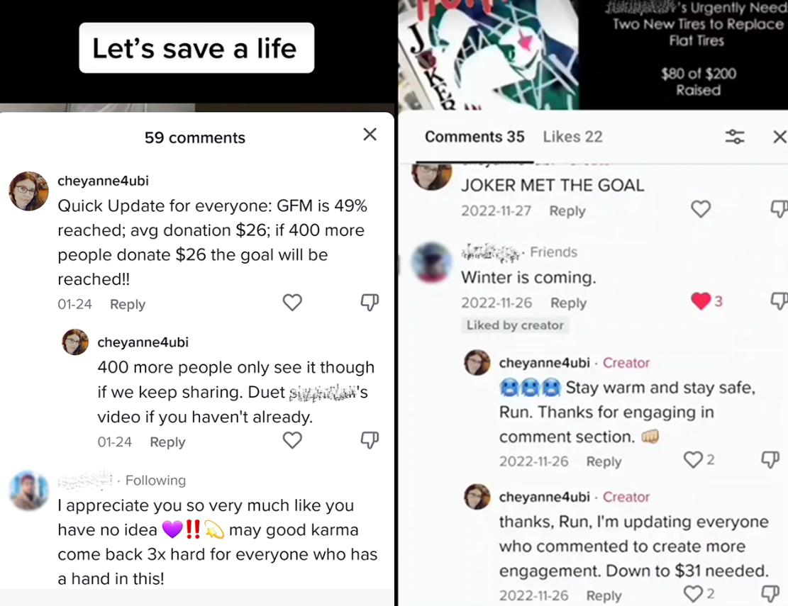TikTok comment sections showing how updates can help people see how close a goal is to being met and encouraging people to donate.