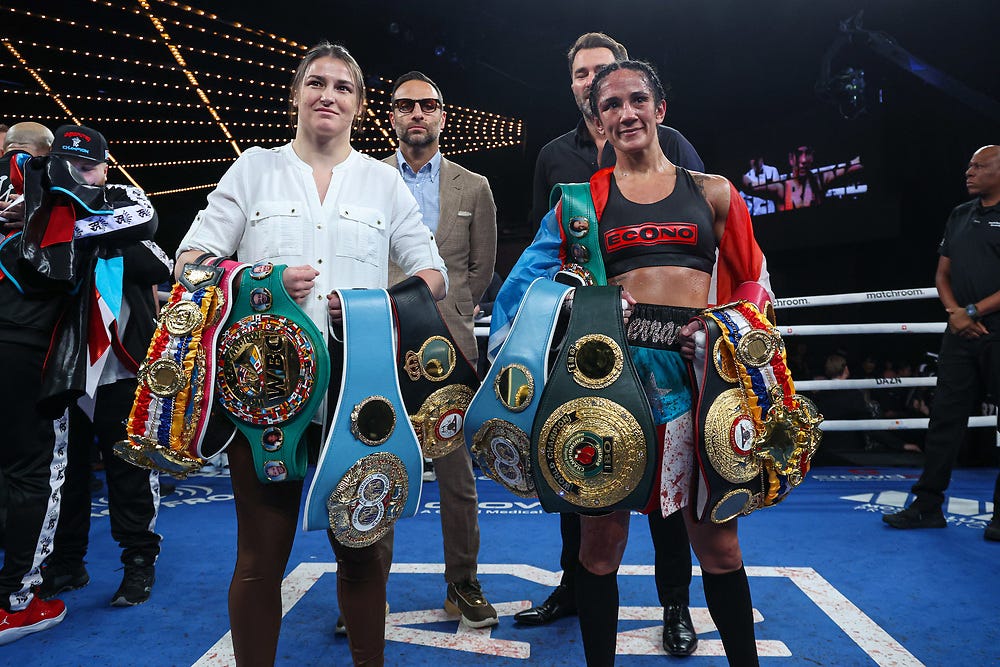 February 4, 2023; New York, NY, USA; Amanda Serrano and Katie Taylor pose for photos after Serrano’s win over Erika Cruz for the Undisputed World Featherweight Championship after their fight at the Hulu Theater at Madison Square Garden in New York, New York. Mandatory Credit: Ed Mulholland/Matchroom.