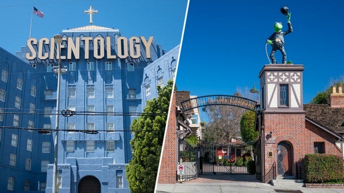 The blue Church of Scientology building in Los Angeles; The entrance to The Jim Henson Company in Los Angeles, featuring a statue of Kermit the Frog dressed as Charlie Chaplin on top