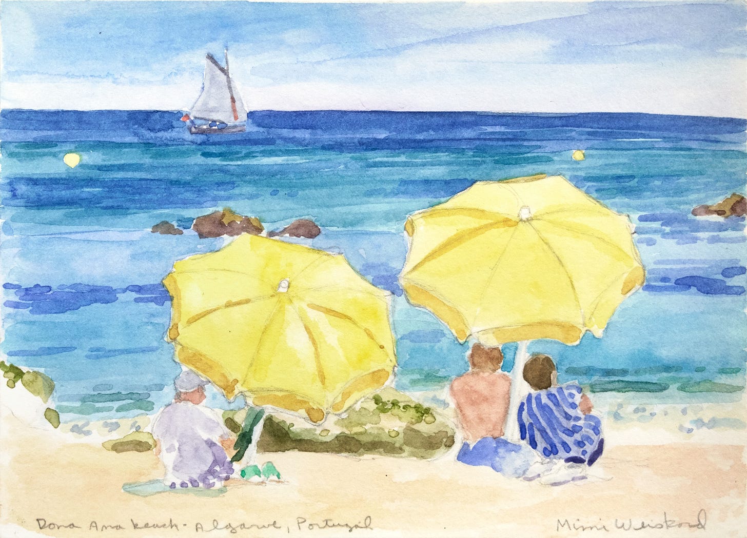 Two yellow beach umbrellas shelter three people sitting and looking out to a blue sea with a sailboat sailing under a clear blue sky between the sun's reflections. Two yellow beach umbrellas shelter three people sitting and looking out to a blue sea with a sailboat sailing under a clear blue sky between the sun's reflections.