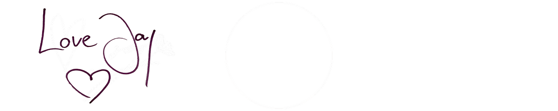 A handwritten "Love Jay" in dark violet, with a curved heart and stylized lines suggesting a feather-like structure. Next to it is a circular frame, subtly surrounded by colors like pink, brown, and gold. The circle is empty, possibly symbolizing space for creativity or reflection.