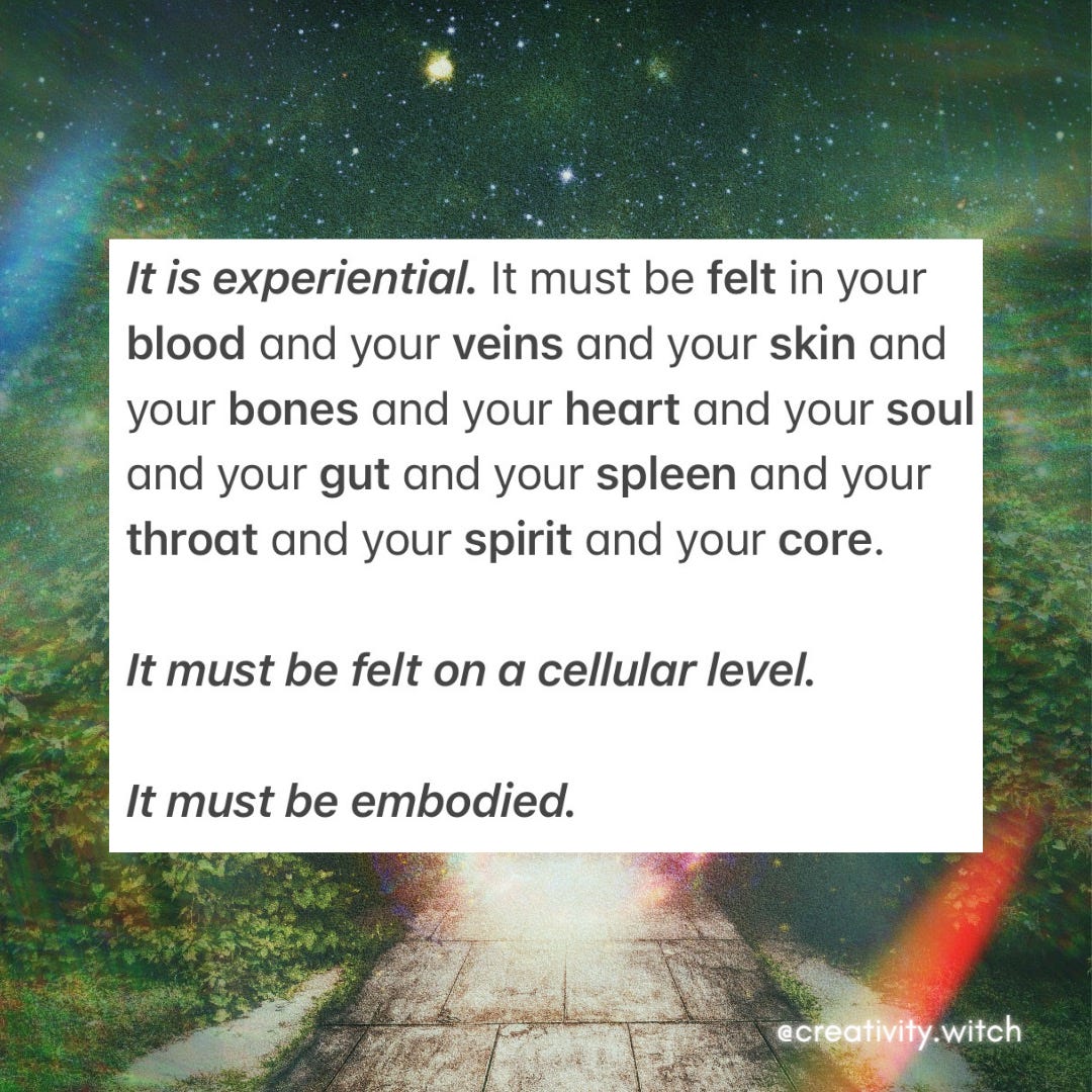 It is experiential. It must be felt in your blood and your veins and your skin and your bones and your heart and your soul and your gut and your spleen and your throat and your spirit and your core.    It must be felt on a cellular level.     It must be embodied.