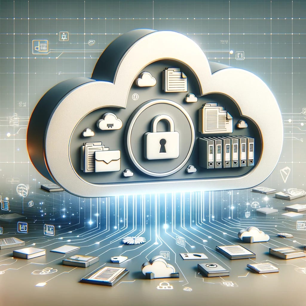 A digital illustration that visually represents cloud storage for records management. The image shows a stylized cloud symbolizing cloud storage, with various types of documents, files, and folders seamlessly floating into it. The cloud is depicted as a secure and accessible repository, highlighted by a lock symbol integrated into its design to signify security. Around the cloud, there are subtle digital connections and data transfer streams, illustrating the concept of remote access and collaboration. The background should be clean and minimalist to keep the focus on the cloud and the documents, suggesting a modern and efficient approach to records management.
