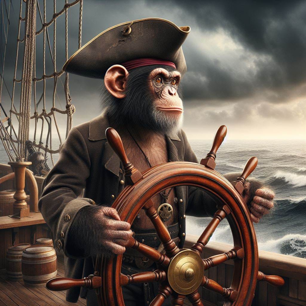 A realistic monkey sailing the seas