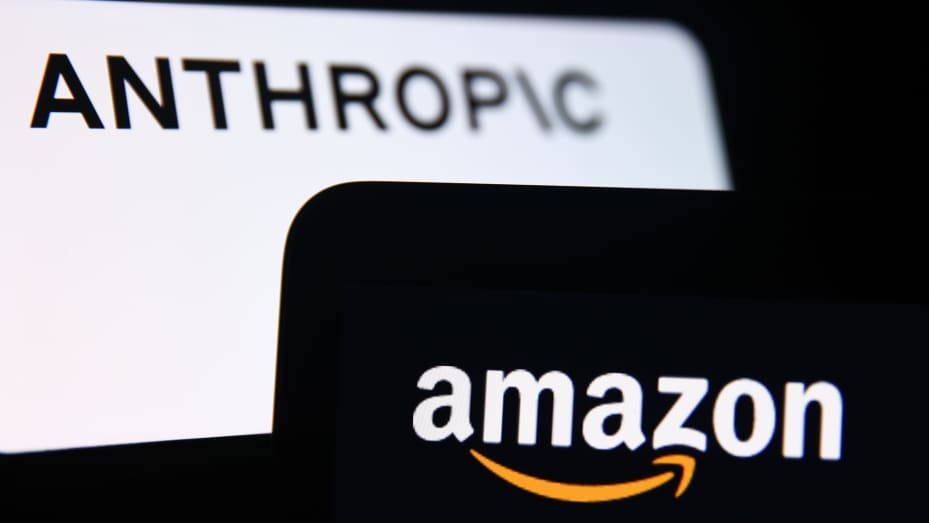Anthropic logo displayed on a phone screen and Amazon website displayed on a screen are seen in this illustration photo taken in Krakow, Poland on September 26, 2023. (Photo by Jakub Porzycki/NurPhoto via Getty Images)