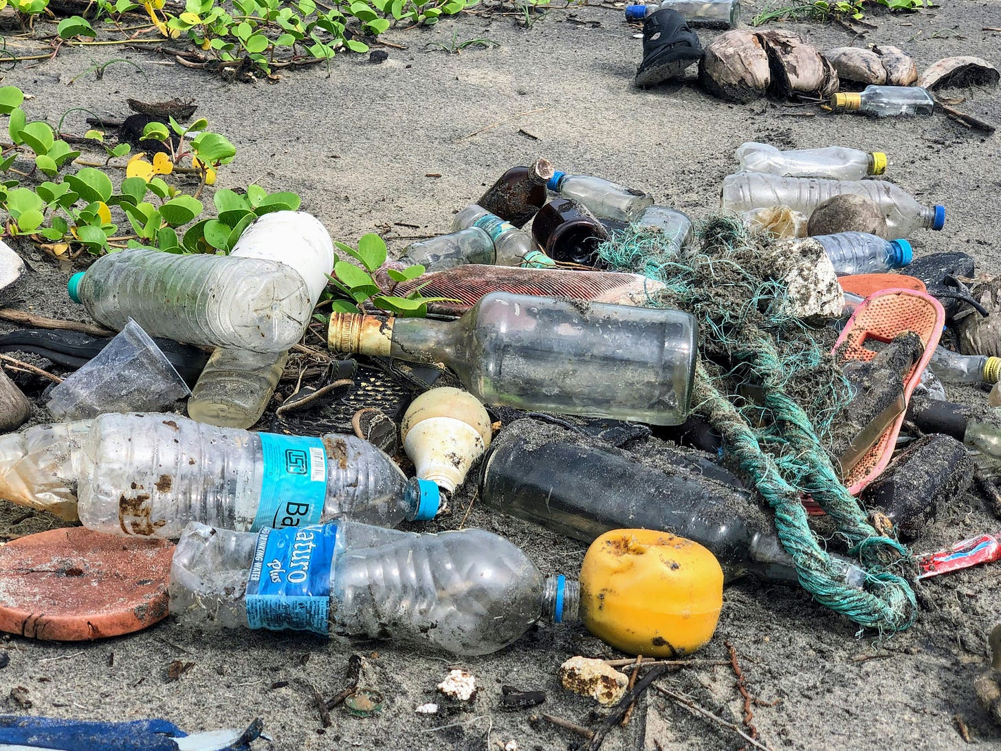 Discarded plastic accumulates on a sandy beach.