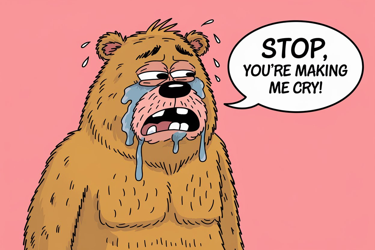 Sad bearder man crying and saying in a speech bubble "Stop, you're making me cry"