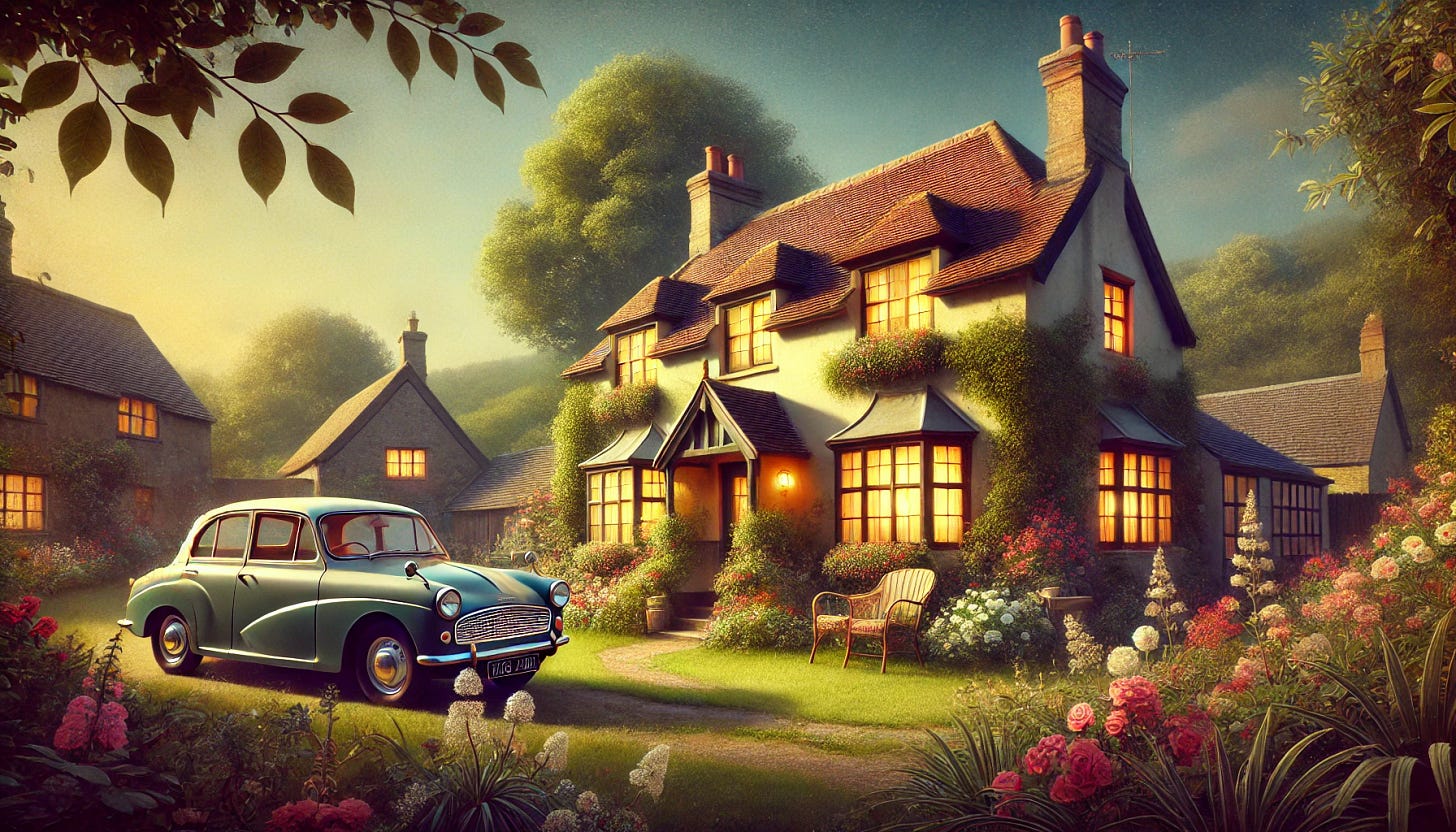 A nostalgic and romantic illustration of a charming English countryside cottage, inspired by the 1960s, surrounded by lush greenery and blooming flowers. The scene is warm and inviting, with a cozy light glowing from the windows, suggesting a sense of home and shared history. A vintage car from the late 1960s is parked nearby, symbolizing past adventures. The night sky is clear, evoking a timeless, dreamy atmosphere. The image should capture a sense of love, memory, and playfulness, subtly reflecting the idea of changing identities over time.