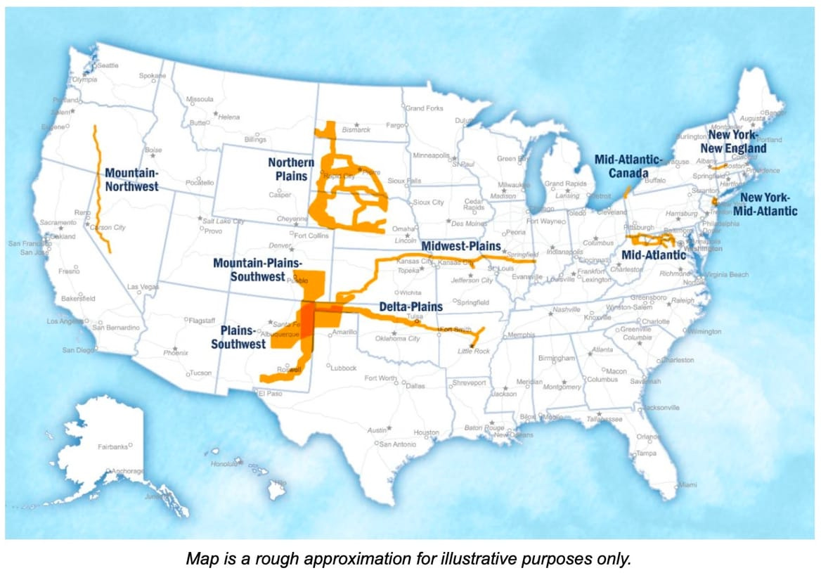 Map of proposed National Interest Electric Transmission Corridors from DOE, May 2024