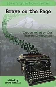 Book cover, green and black, with a typewriter. Text reads BRAVE ON THE PAGE.