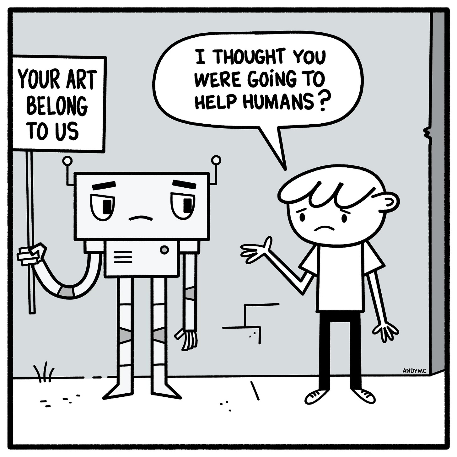 an illustration of a robot and a guy talking