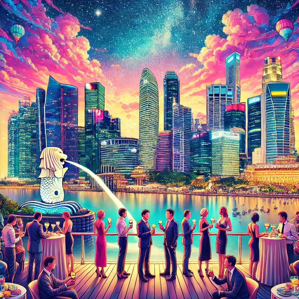 A vibrant cityscape of Singapore at sunset, blending a similar pixel-art style to the reference image. The iconic Marina Bay Sands, Gardens by the Bay, and the Merlion statue are visible in the background, replacing the buildings from the original image. The gathering of businesspeople in formal attire, holding drinks at a rooftop cocktail event, remains similar to the original image. The scene should include a dynamic night sky with stars and clouds, mirroring the colorful and lively atmosphere.