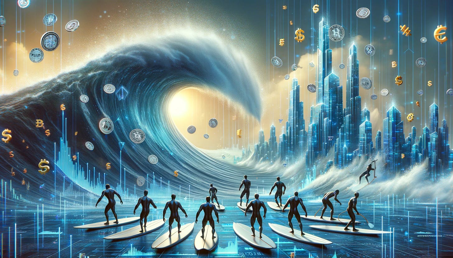 Compose a 16:9 image that visualizes the potential market value of digital finance as a gigantic wave, poised to transform the financial landscape by 2030. The wave should be towering and majestic, made up of digital elements and currency symbols, signifying wealth and opportunity. Below the wave, there should be a group of confident, high-net-worth individuals, each with a determined look, ready to surf this monumental wave of finance. They should be depicted with surfboards that resemble sleek, futuristic ledgers, embodying their intent to not just participate but dominate this emerging market. The overall scene should convey both the immense potential and the elite strategy of harnessing such a financial surge.