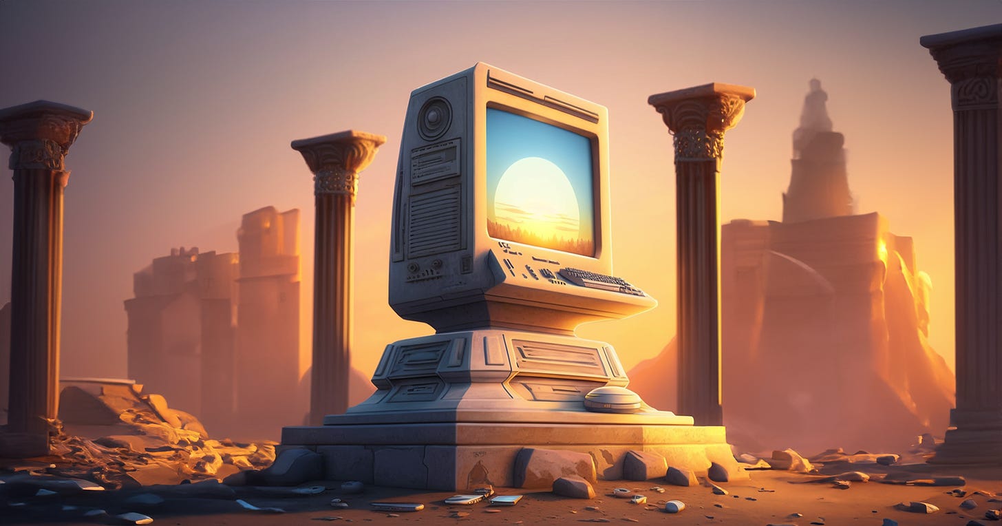 A futuristic computer in a desert