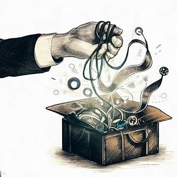 a drawing of a man tying up technology and putting in a pandoras box
