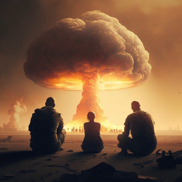 People watch from a distance as a nuclear mushroom cloud consumes a city.