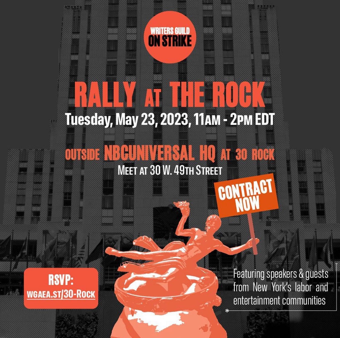 Poster for the rally at 30 Rock from 11-2 on Tuesday 5/23.