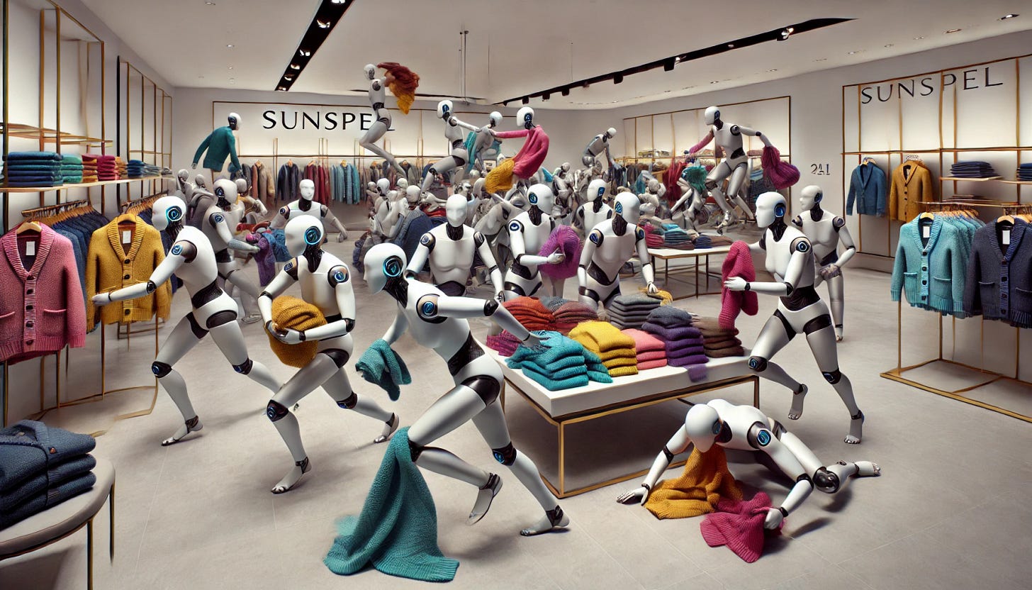 A humorous and surreal scene of AI agents depicted as humanoid robots, each with a futuristic yet fashionable appearance, rushing into a luxury Sunspel store during a cashmere sweater sale. The robots display frantic behavior, grabbing colorful cashmere sweaters from shelves and racks. The store has a sleek, minimalist design with modern lighting and Sunspel branding clearly visible. The atmosphere is chaotic but fun, with some robots trying on sweaters, others holding multiple items, and a few engaging in friendly tussles over popular items. The overall aesthetic blends sophistication with comedic chaos.