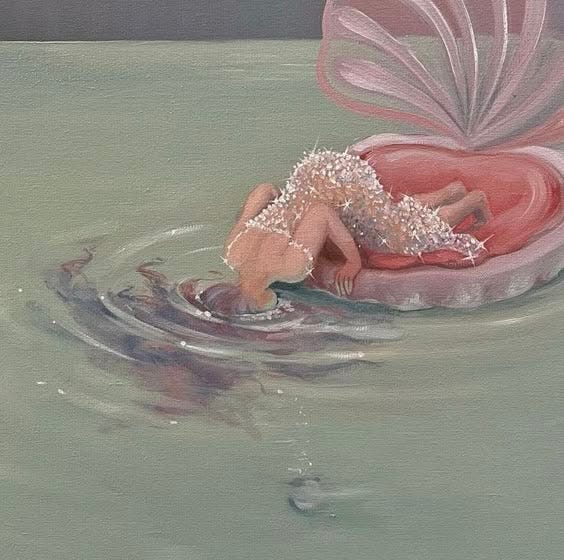 This may contain: a painting of a woman floating on top of a pink floater in the water