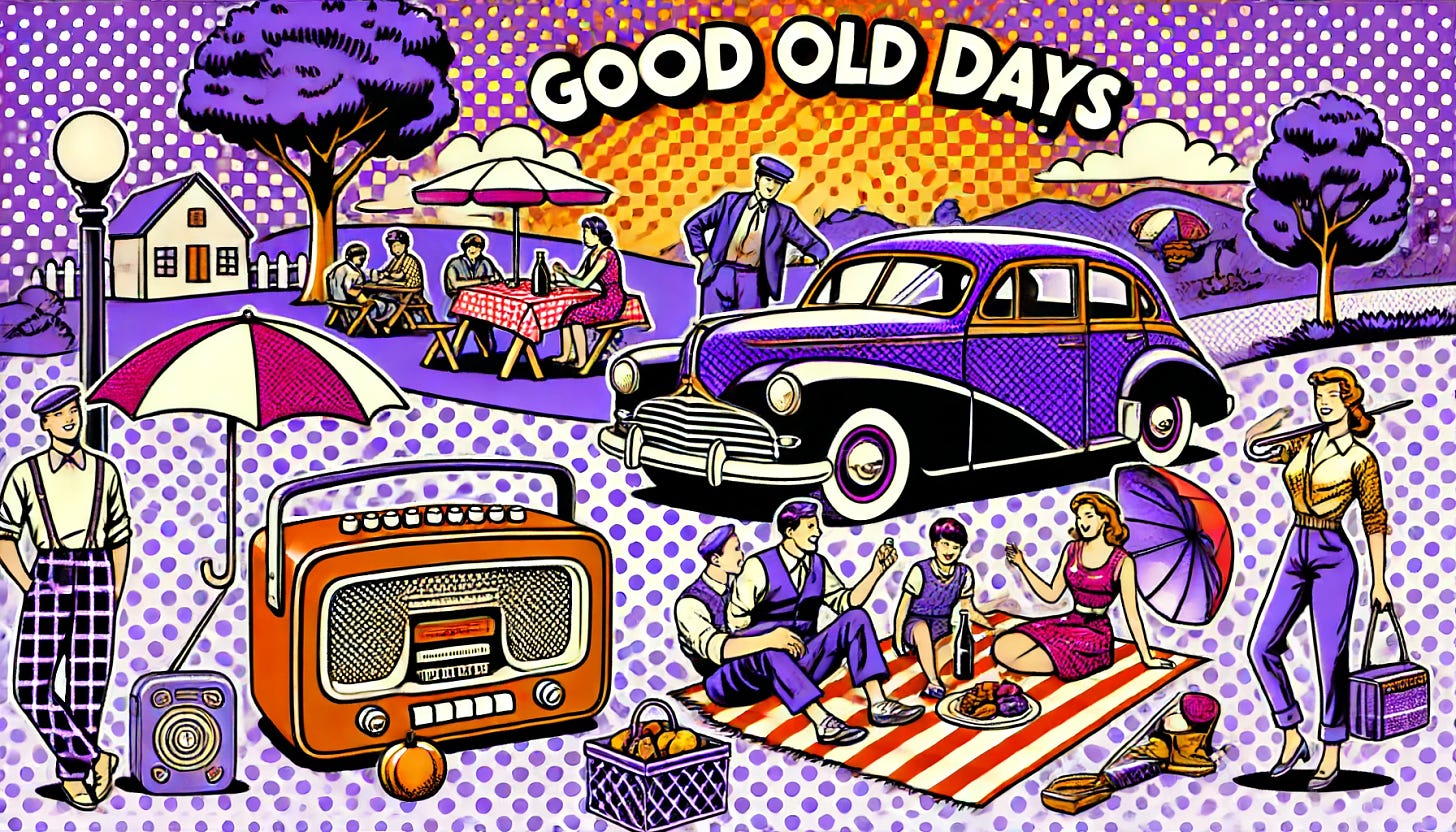 A pop art style illustration themed around 'good old days.' The color palette is restricted to bright purple, bright orange, black, and white, with a white background. The design features nostalgic elements such as an old-fashioned radio, vintage car, and people enjoying simple pleasures like picnics and playing outside. The scene is cheerful and evokes a sense of nostalgia, capturing the essence of simpler, happier times.