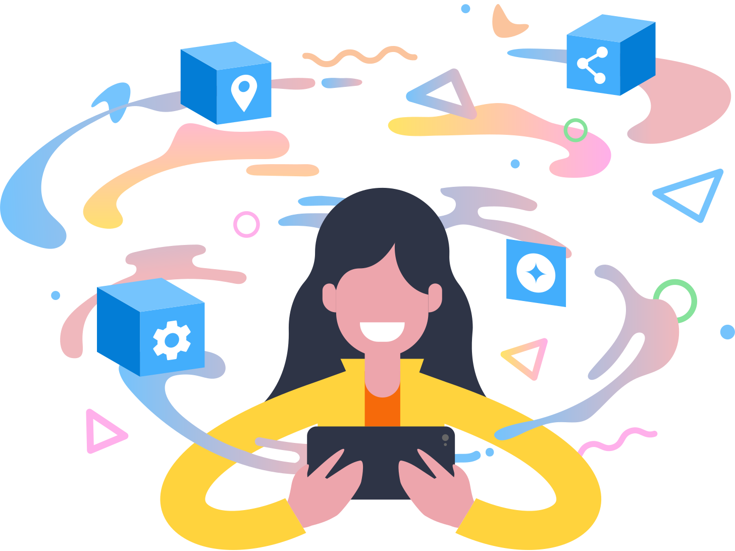 Illustration of a female user looking at a mobile device with decentralized apps swirling around her.