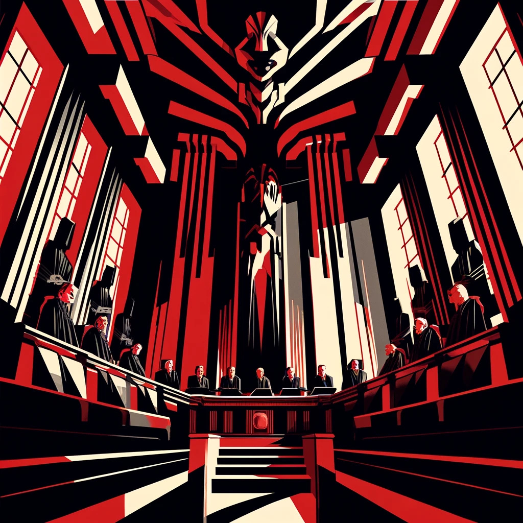 Interior of a Supreme Court in an Art Deco style, with German Expressionist influences, depicted in a print style reminiscent of the 1930s but with a more dramatic angle, colored in shades of red and black. The viewpoint is from below, looking up towards the bench, making the judges appear more imposing and the architecture more distorted and angular, typical of German Expressionism. The courtroom features exaggerated and distorted geometric designs, with shadows and forms creating a sense of unease and emotional resonance. The judges are seated, their expressions even more exaggerated and grim, in a stark red and black color scheme.