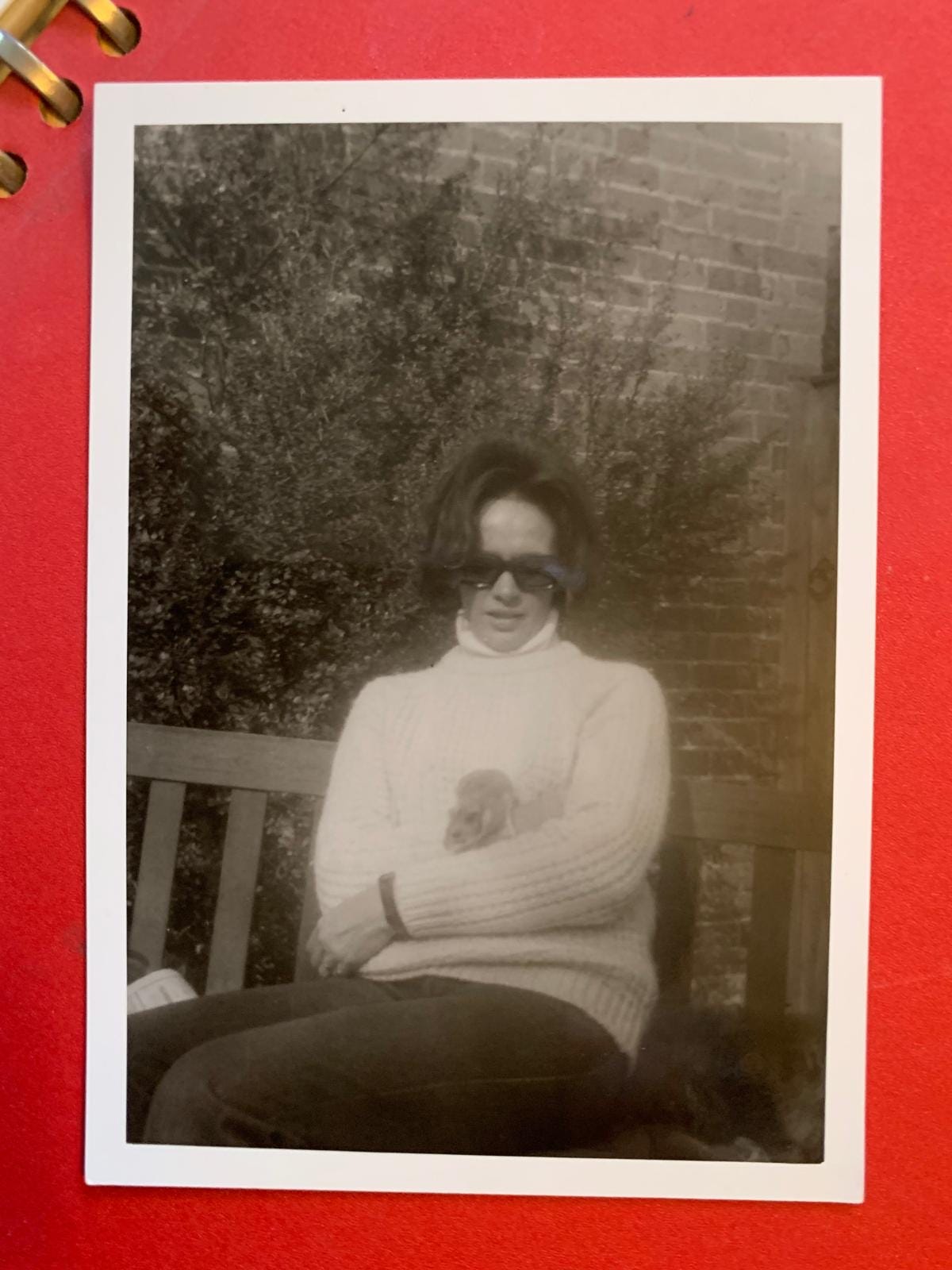 A sepia toned old photo of a woman with dark hair sitting in a chair in a garden with a white jumper and sunglasses.