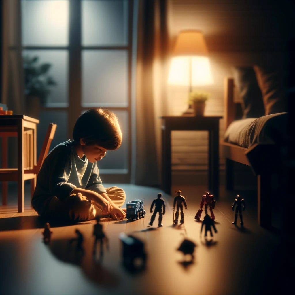 A scene showing a boy playing alone in a dimly lit room. The boy is on the floor, engaged with various generic action figures, showing a mix of imagination and concentration. The room is slightly dark, with soft lighting that creates a cozy atmosphere. The boy's expression is one of absorption in his play, depicting a quiet moment of childhood. The scene is warm and inviting, despite the solitary nature of the boy's play.