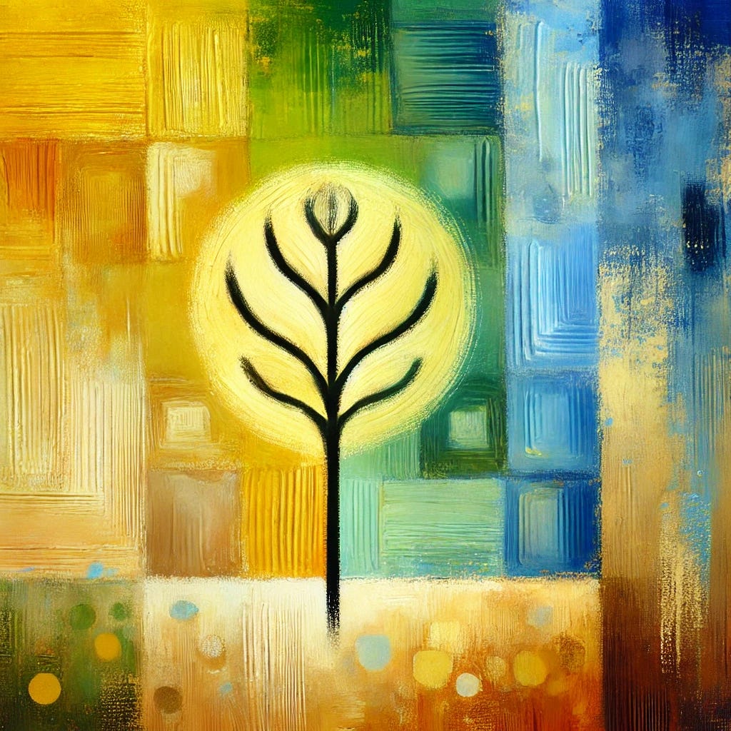 An abstract, playful painting with a different approach to symbolizing economic prosperity. The central object is an abstract representation of growth, such as a stylized tree or plant, rendered in bright shades of gold and yellow. The background features a calming blend of natural colors like green, blue, brown, and black, evoking stability and harmony. The composition remains flat, with textured brushstrokes adding a lively feel. The central object stands out as a symbol of flourishing, creating a sense of peace, balance, and playful optimism.