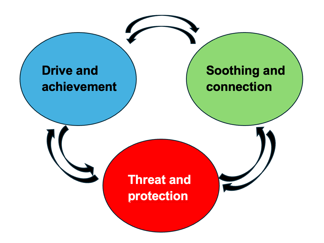 A diagram illustrating Paul Gilbert's three emotional regulation systems