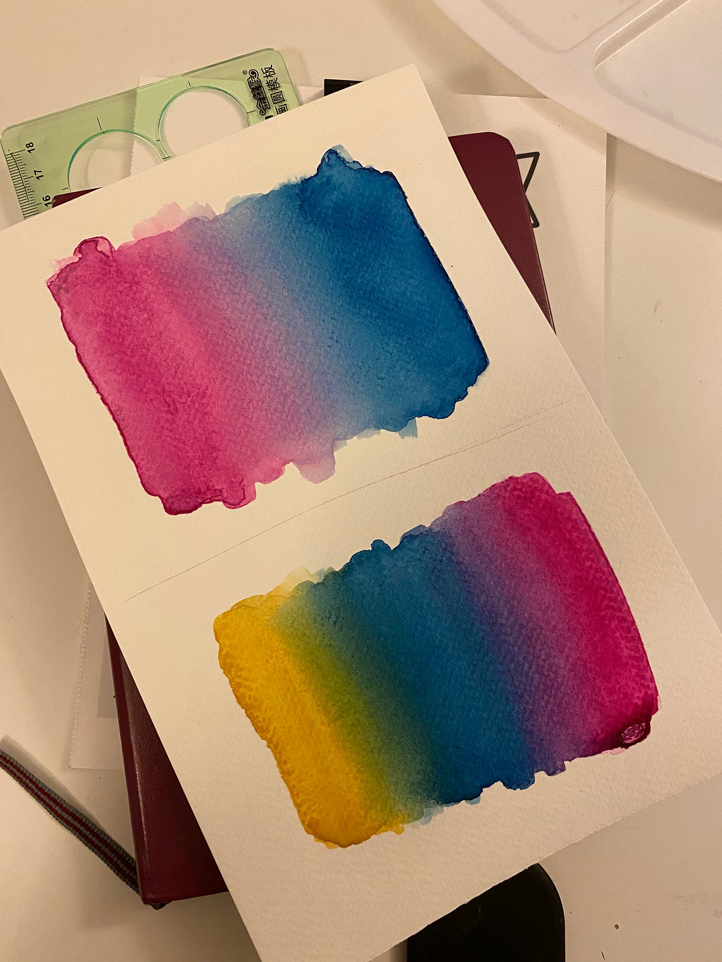 two watercolor gradients to the colours of the bi flag and rainbow flag