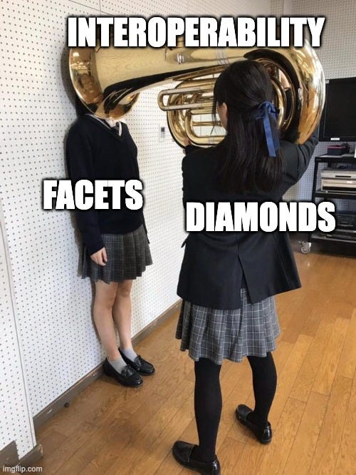 Girl Putting Tuba on Girl's Head |  INTEROPERABILITY; FACETS; DIAMONDS | image tagged in girl putting tuba on girl's head | made w/ Imgflip meme maker