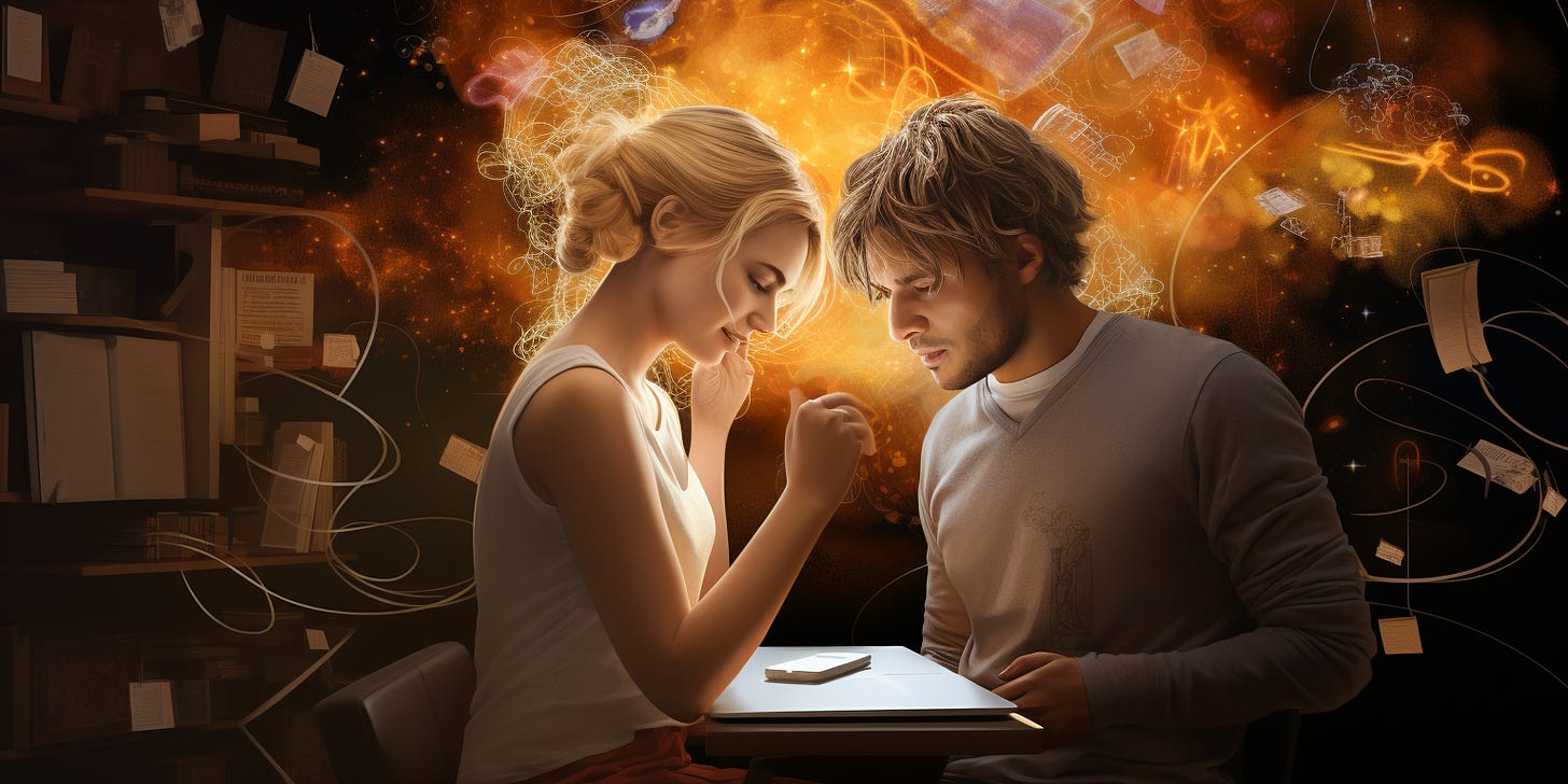 AI Generated image of a blonde artist sharing thoughts with a brown-haired man, explosions of colours behind them symbolising artistic synergy