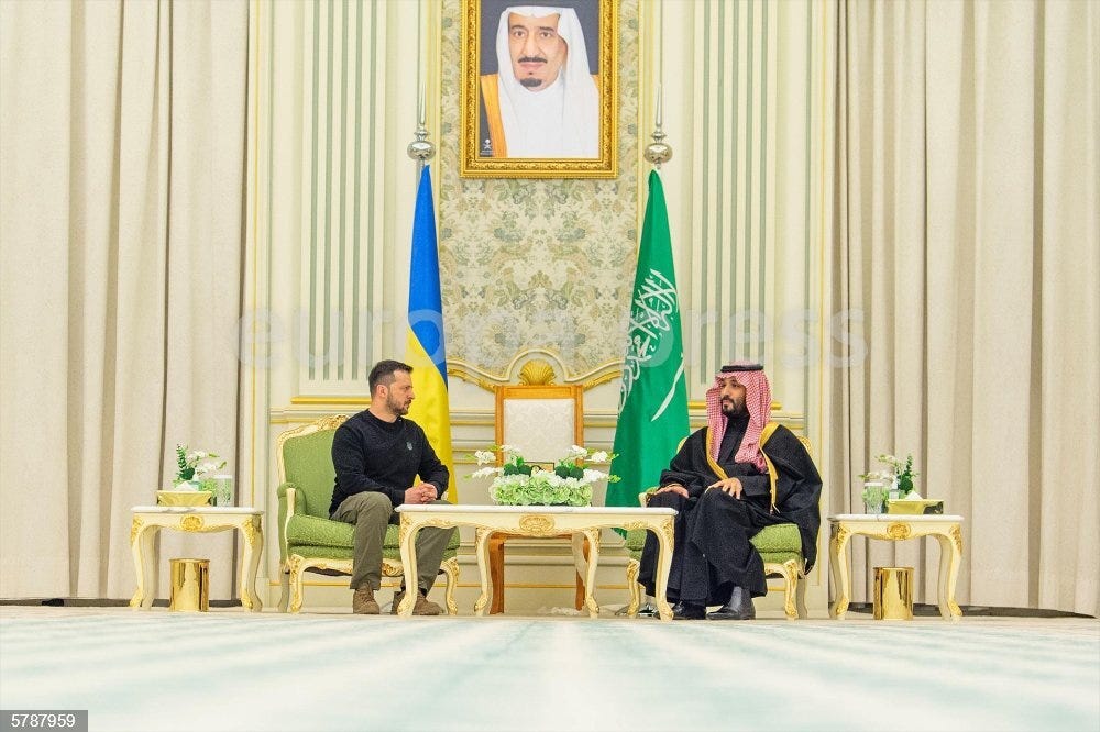 27 February 2024, Saudi Arabia, Riyadh: Ukrainian President Volodymyr Zelensky (L) meets with Saudi Crown Prince Mohammed bin Salman bin Abdulaziz Al-Saud. Photo: -/Saudi Press Agency/dpa
