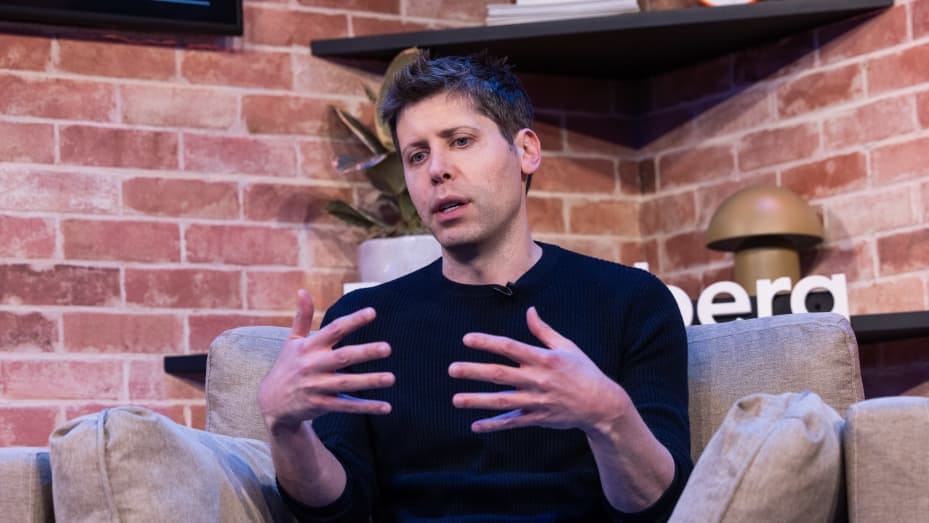 Sam Altman, chief executive officer of OpenAI, during an interview at Bloomberg House on the opening day of the World Economic Forum (WEF) in Davos, Switzerland, on Tuesday, Jan. 16, 2024.