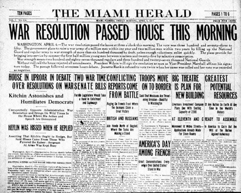 Figure 1: Miami Herald headline of declaration of war on April 6, 1917