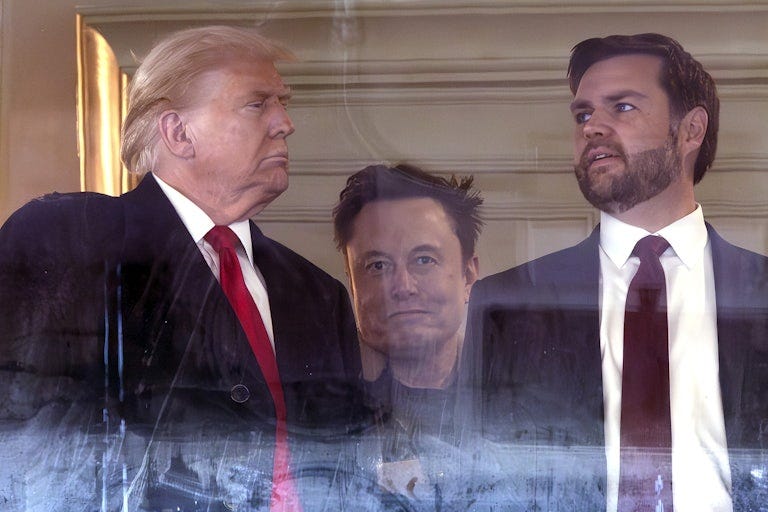 Elon Musk stands between Donald Trump and JD Vance