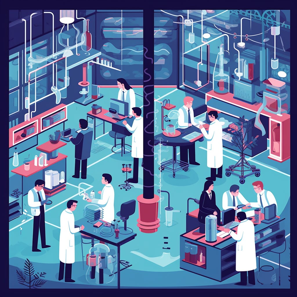 A busy scientific laboratory, where scientists and businesspeople work together