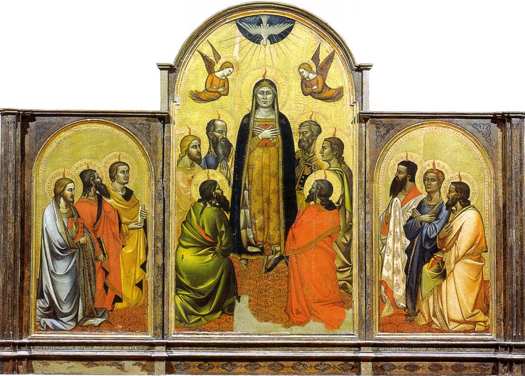 14th century triptych of the Pentecost, with upside down dove representing the Holy Spirit at top of central panel, and Mary and the apostles below crowned with tongues of flame.