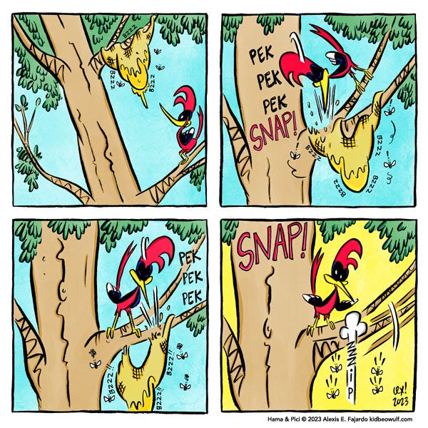 A woodpecker pecks at a branch that has a honey comb hanging on it. Peck! Peck! Peck! The giant honey comb finally falls.