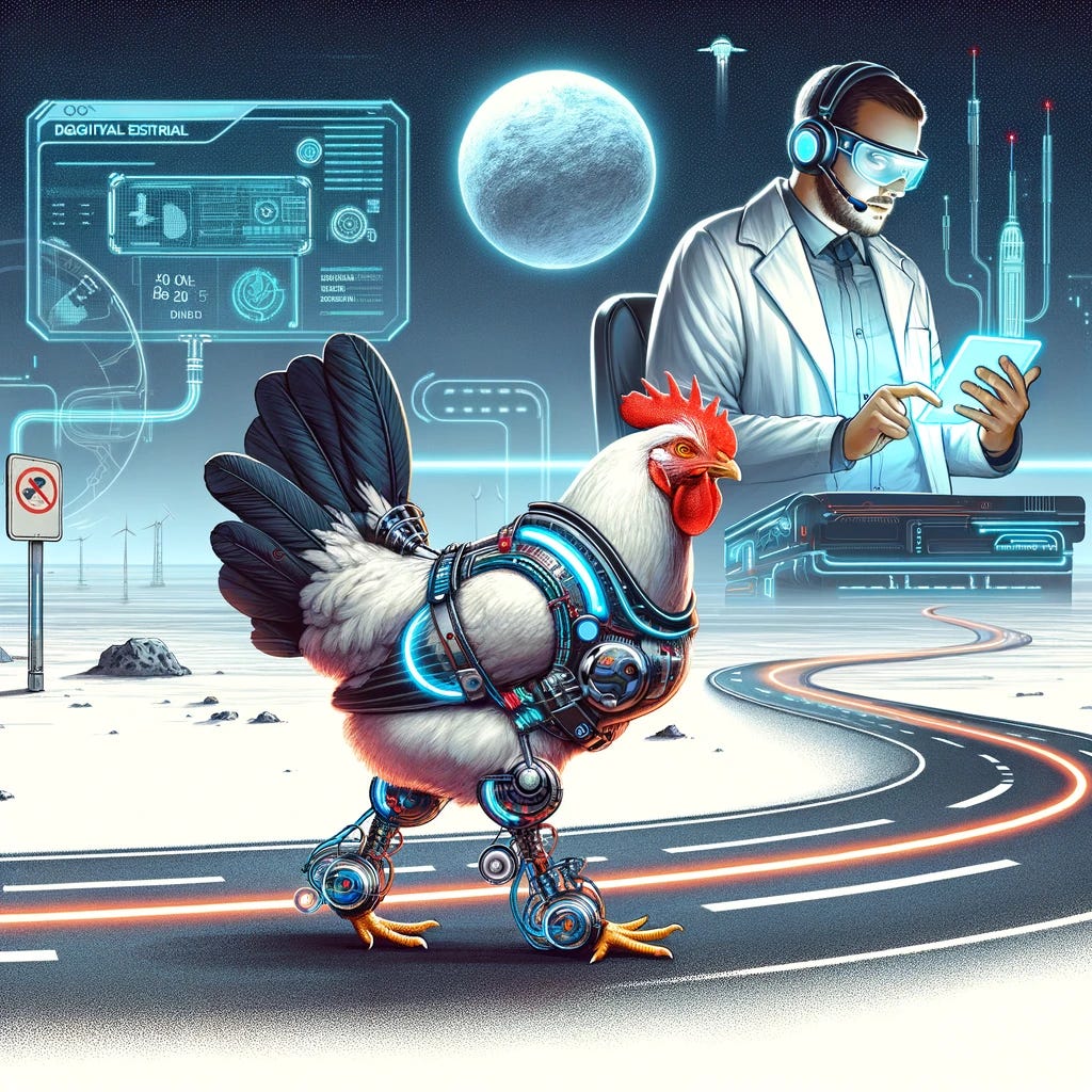 A futuristic and visually engaging illustration depicting a chicken equipped with sleek, high-tech gear resembling an autopilot system, crossing a digitally enhanced road. The background features a futuristic cityscape or Martian landscape, indicating the next phase of the experiment. A generic scientist, not specific to any real individual, oversees the experiment using a remote control or digital tablet, monitoring the chicken's progress. The scene combines elements of science fiction with technological innovation, using metallic and neon colors to give it a space-age feel.