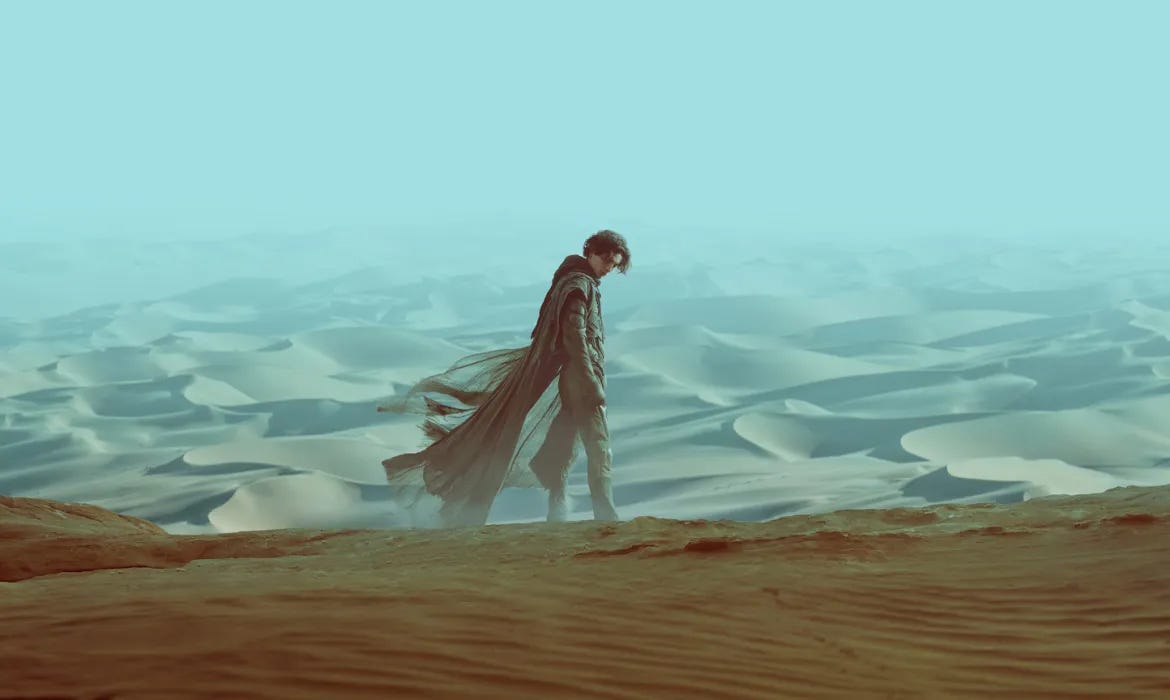 Picture from the film Dune with Timothy Chalamet character in the dunes.