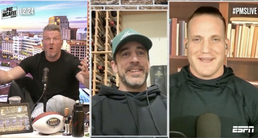 Aaron Rodgers starts 2024 guns blazing on 'The Pat McAfee Show'