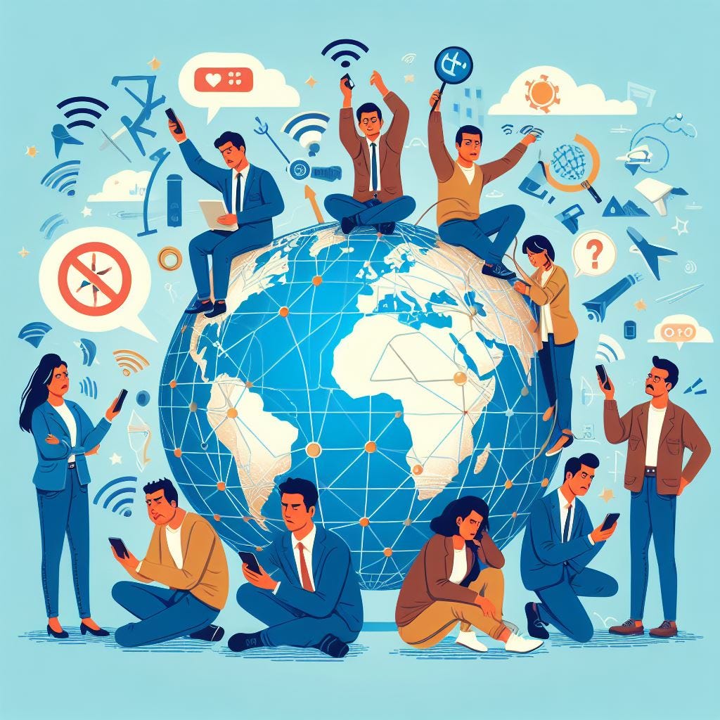People on globe with phones. Image by Bing.