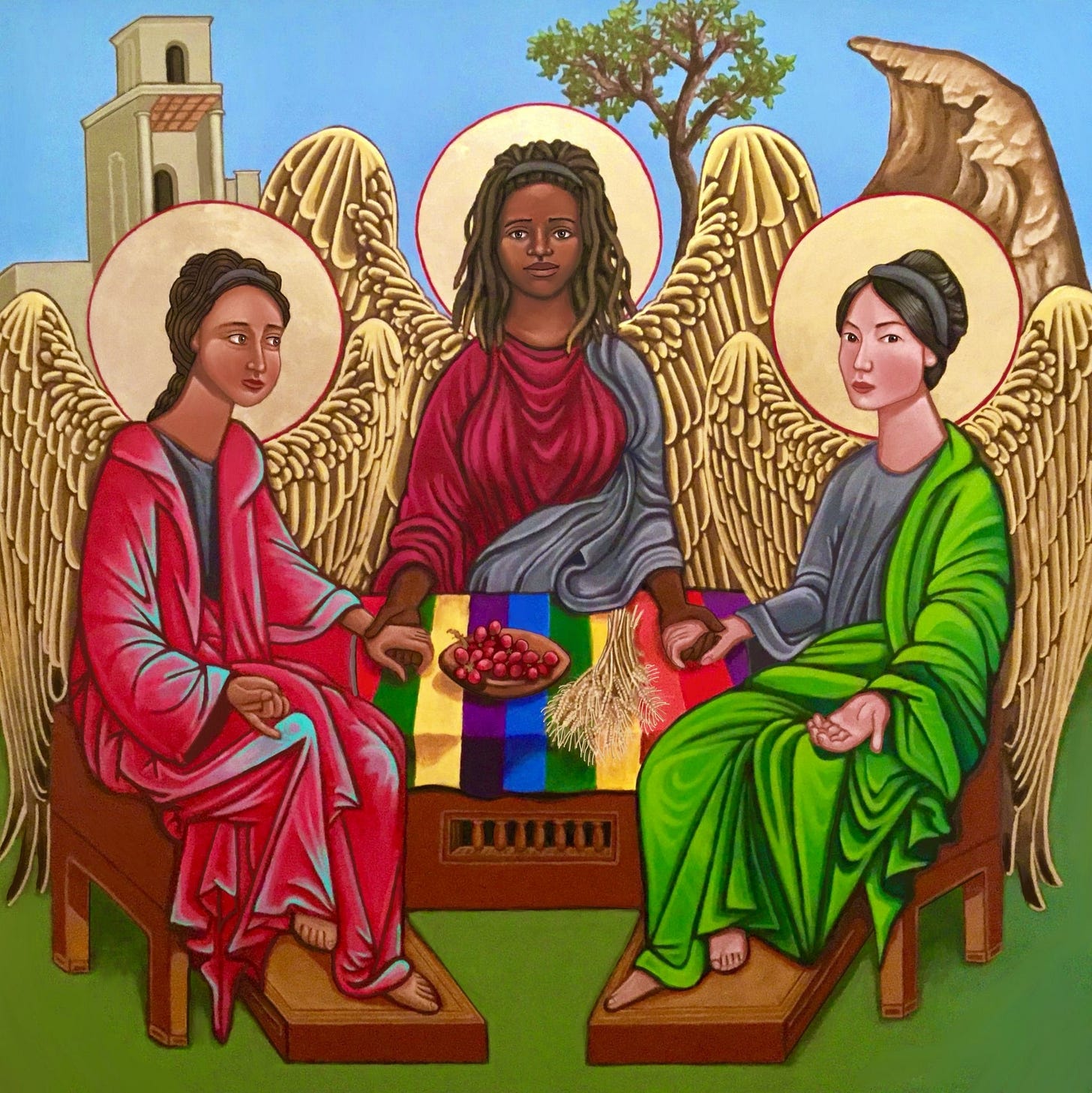 Three women represented like angels with wings and halos are seated around a table under a blue sky. They are holding hands. The image is in the style of modern iconography with bold colors but traditional stylistic choices.