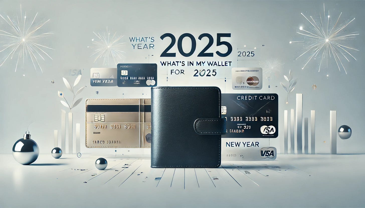 A sleek and modern header image for a finance blog post titled 'What’s in my wallet for 2025.' The image features a minimalist design with a wallet prominently displayed, surrounded by various credit cards with subtle branding. A subtle New Year theme with faint fireworks or celebratory confetti in the background adds a festive touch. The color scheme is professional, using shades of blue, white, and gold, with clear and bold text for the title.