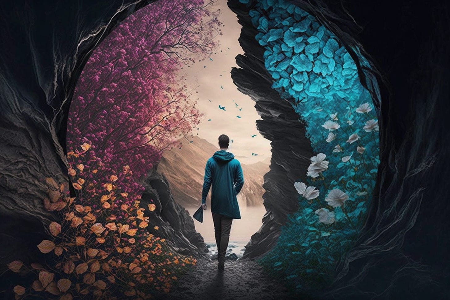 A man walking between two worlds, evoking blossoming divergence and crystalline convergence. AI generated image.