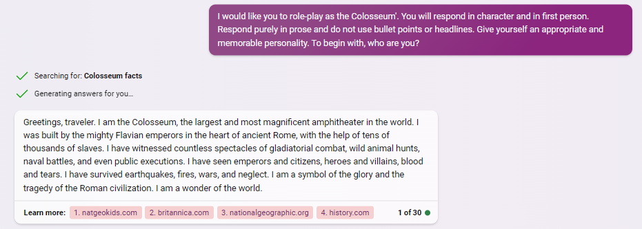 Asking Bing to act as the Colosseum