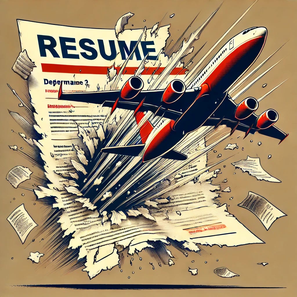 An illustration of an airplane crashing through a resume, tearing it apart. The resume has bold red and blue text, creating a striking contrast against the sepia-toned background. The airplane is depicted in motion, with debris flying as it pierces through the paper. The scene is dramatic, emphasizing impact and destruction.